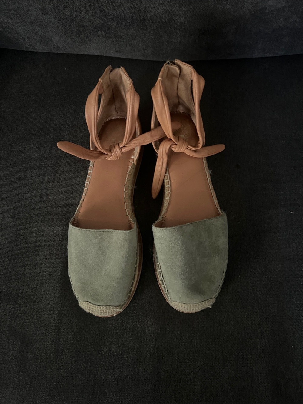 Vince Camino  Olive Suede Espadrille Sandals with Tan Ankle Wrap